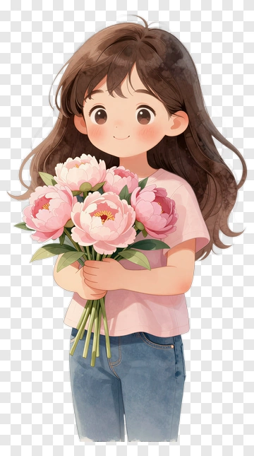Girl Holding Peonies PNG