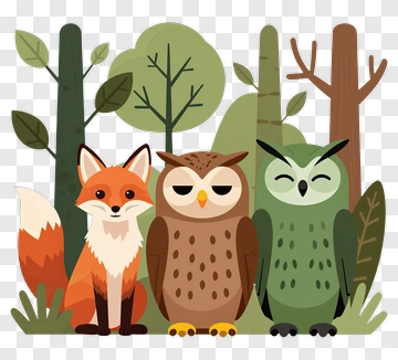 Forest Friends Fox And Owls PNG