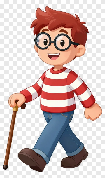 Boy With Glasses And Walking Cane PNG