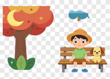 Boy And Dog Sitting On Bench PNG