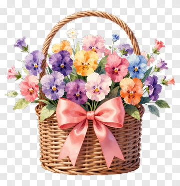 Flower Basket With Pink Ribbon PNG