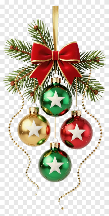 Christmas Ornaments With Pine Branch And Ribbon PNG