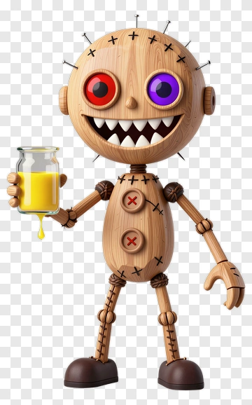 Wooden Robot Holding Yellow Juice PNG