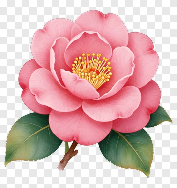 Pink Camellia Blossom With Green Leaves PNG