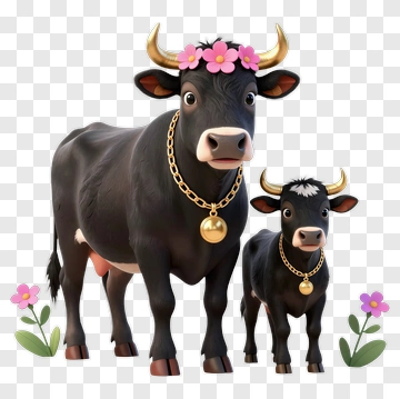 Cow And Calf With Gold Chain And Flowers PNG