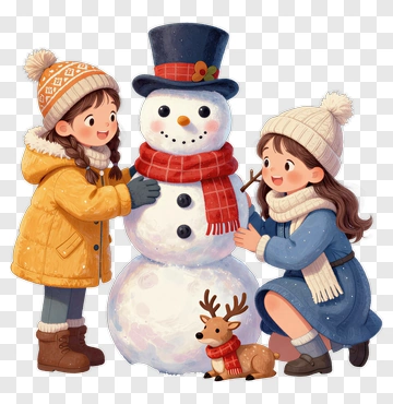 Children Building Snowman With Reindeer PNG