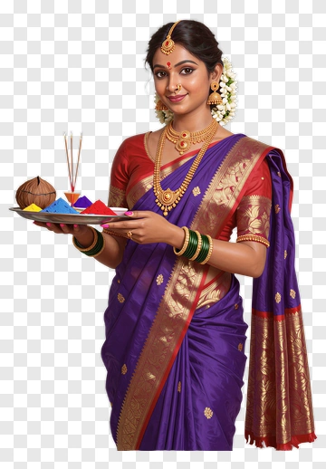 Indian Woman In Sari Offering At Temple PNG
