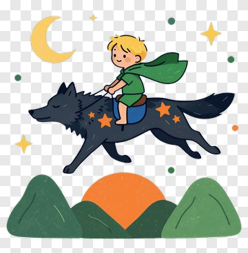 Boy Riding Wolf Under Moon PNG