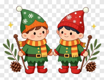 Two Christmas Elves Holding Pine Cones PNG