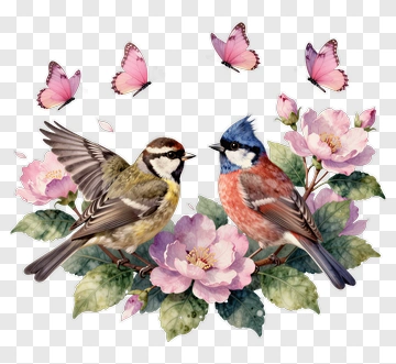 Birds And Butterflies Among Flowers PNG