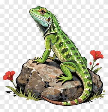 Green Lizard On Rock With Red Flowers PNG