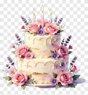 Birthday Cake With Pink Roses And Candles PNG