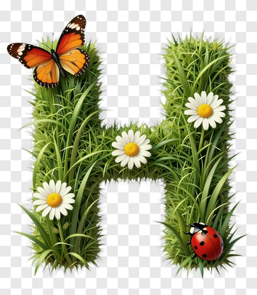 Letter H With Grass, Butterfly, Daisy, And Ladybug PNG