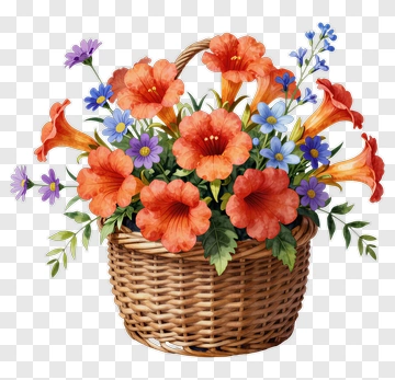 Vibrant Flower Bouquet In Wicker Basket PNG
