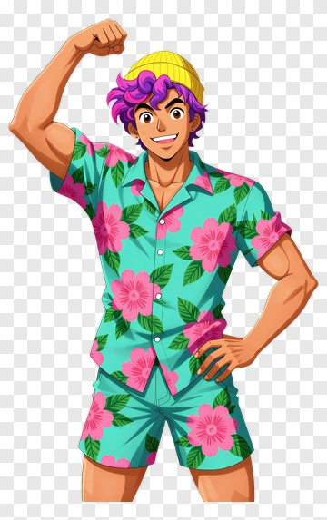 Anime Character In Tropical Shirt And Shorts PNG