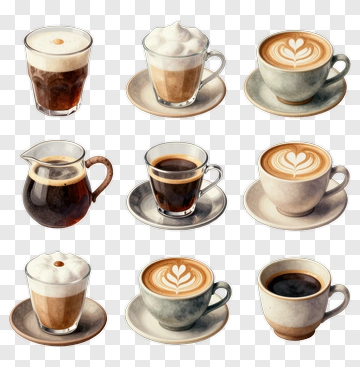 Collection Of Coffee Drinks And Pitcher PNG