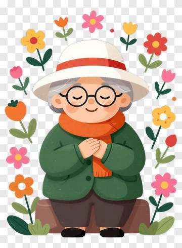 Elderly Woman Surrounded By Flowers PNG