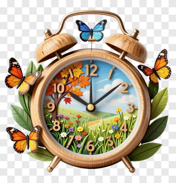 Wooden Alarm Clock With Butterflies And Leaves PNG