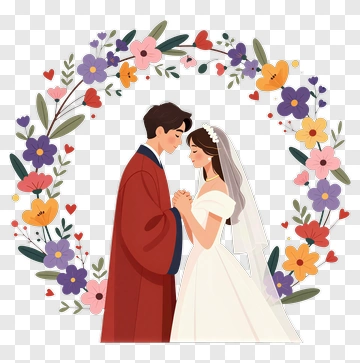 Couple In Wedding Attire Under Floral Arch PNG