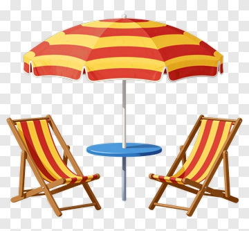 Red And Yellow Beach Umbrella With Chairs PNG