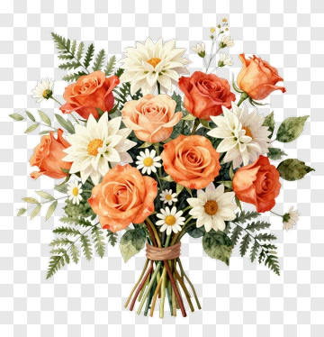 Watercolor Flower Bouquet With Roses And Daisies PNG