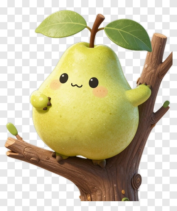 Cute Pear Character On Tree Branch PNG