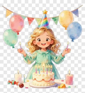 Happy Birthday Girl With Balloons And Cake PNG