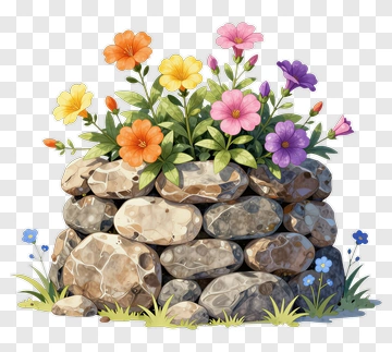 Colorful Flowers In Stone Wall PNG