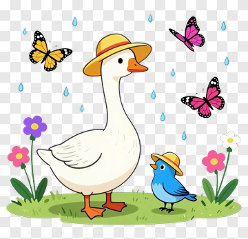 Duck And Bird In Spring Rain PNG
