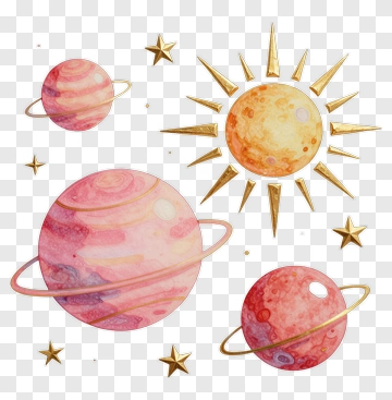 Pink Planets And Sun With Gold Stars PNG