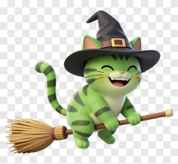 Green Cat Witch Riding Broom PNG
