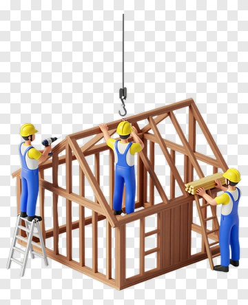 Miniature Construction Workers Building Frame PNG