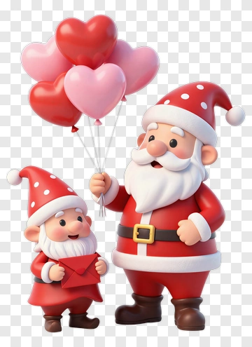 Santa Claus And Elf With Heart Balloons PNG