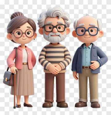 Three Cartoon Elderly Characters Together PNG