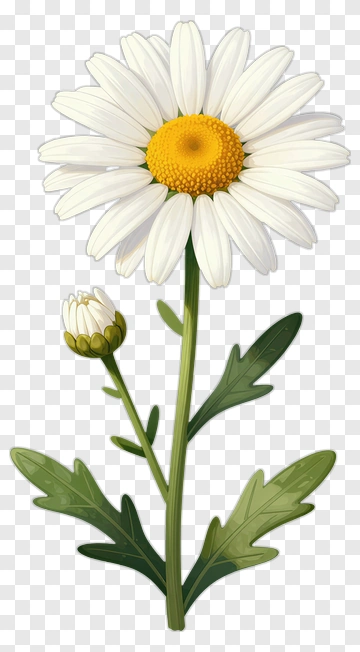 White Daisy With Bud And Green Leaves PNG