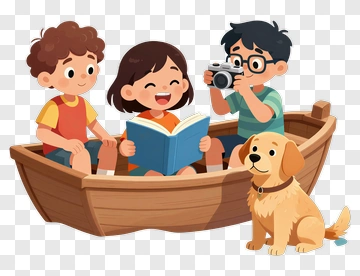 Children And Dog In A Boat PNG