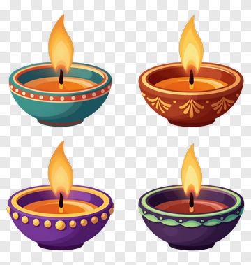 Four Diya Lamps With Flames PNG