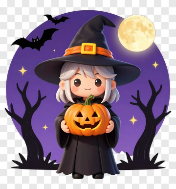 Cute Witch Holding Pumpkin PNG