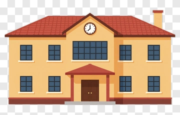 School Building With Clock And Windows PNG