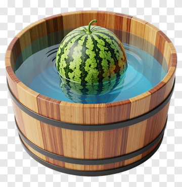 Watermelon In Wooden Barrel With Water PNG