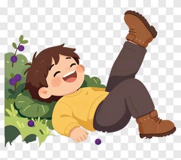 Child Laughing On Grass With Blueberries PNG