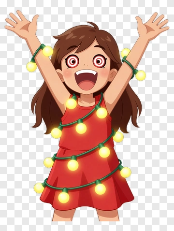 Joyful Girl Wrapped In Christmas Lights PNG