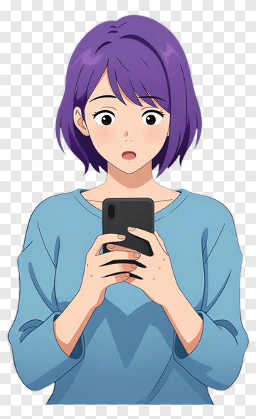 Woman With Purple Hair Holding Phone PNG