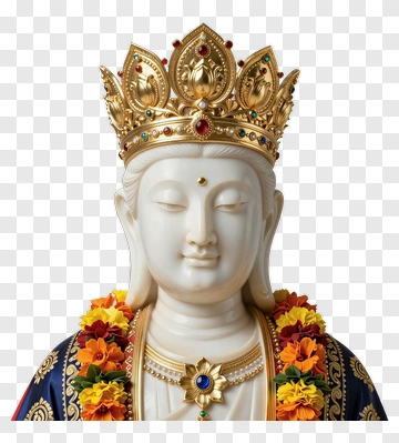 Buddha Statue With Gold Crown And Flower Garland PNG