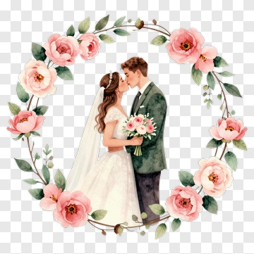 Bride And Groom Kissing In Floral Wreath PNG