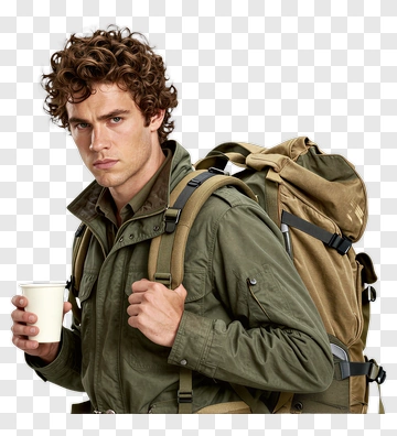 Man With Curly Hair And Backpack PNG