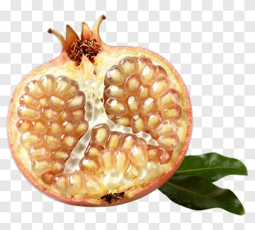 Halved Pomegranate With Seed And Leaf PNG
