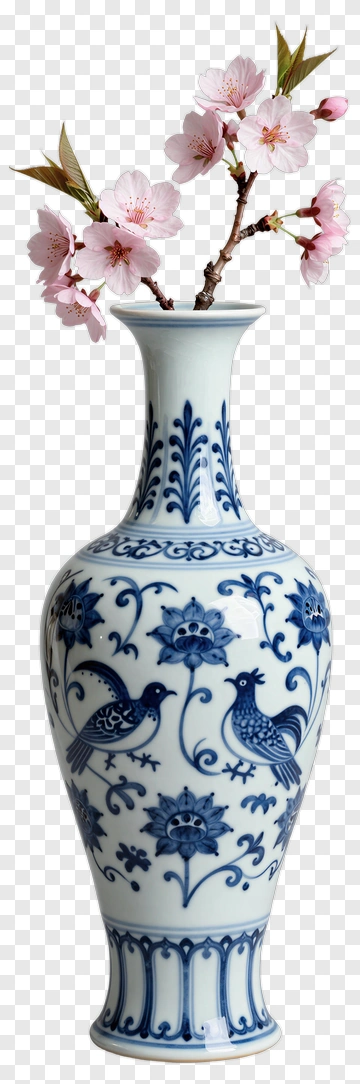Blue And White Vase With Cherry Blossoms And Birds PNG