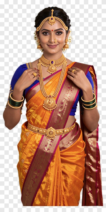 Woman In Traditional Sari With Gold Jewelry PNG