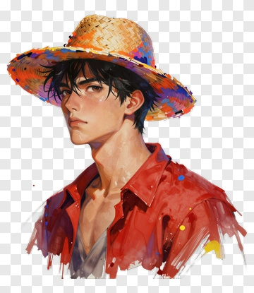 Young Man In Straw Hat And Red Shirt PNG